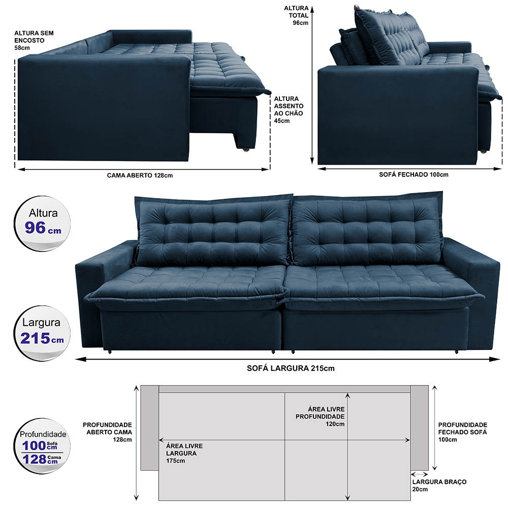 Sofá Retrátil Reclinável e Cama 2,15m Cama inBox Flex Suede Velusoft Azul