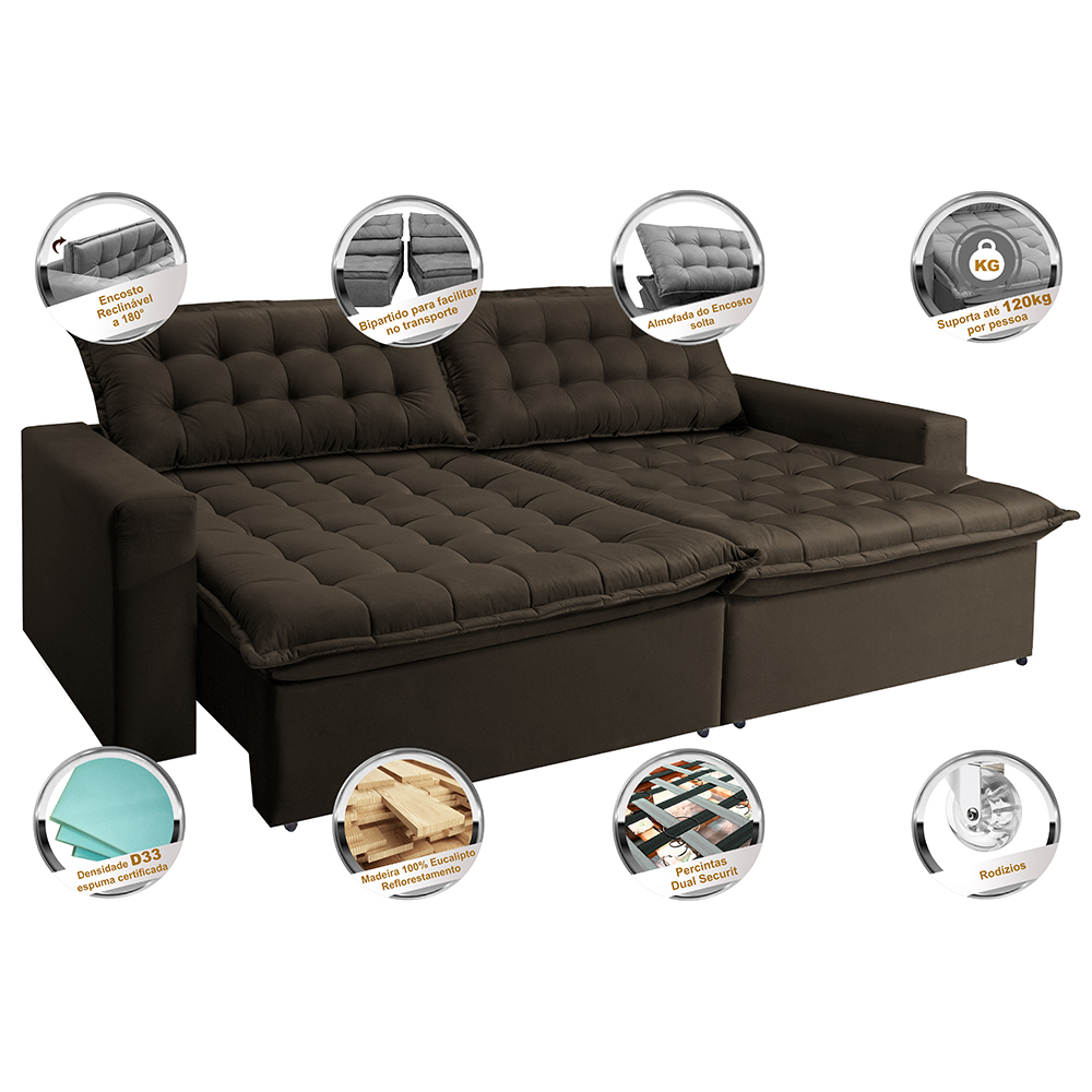 Sofá Retrátil Reclinável e Cama 2,15m Cama inBox Flex Suede Velusoft Café