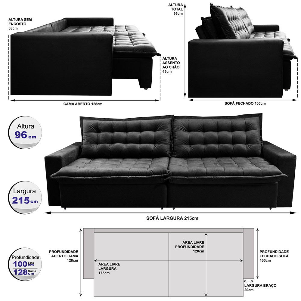 Sofá Retrátil Reclinável e Cama 2,15m Cama inBox Flex Suede Velusoft Preto