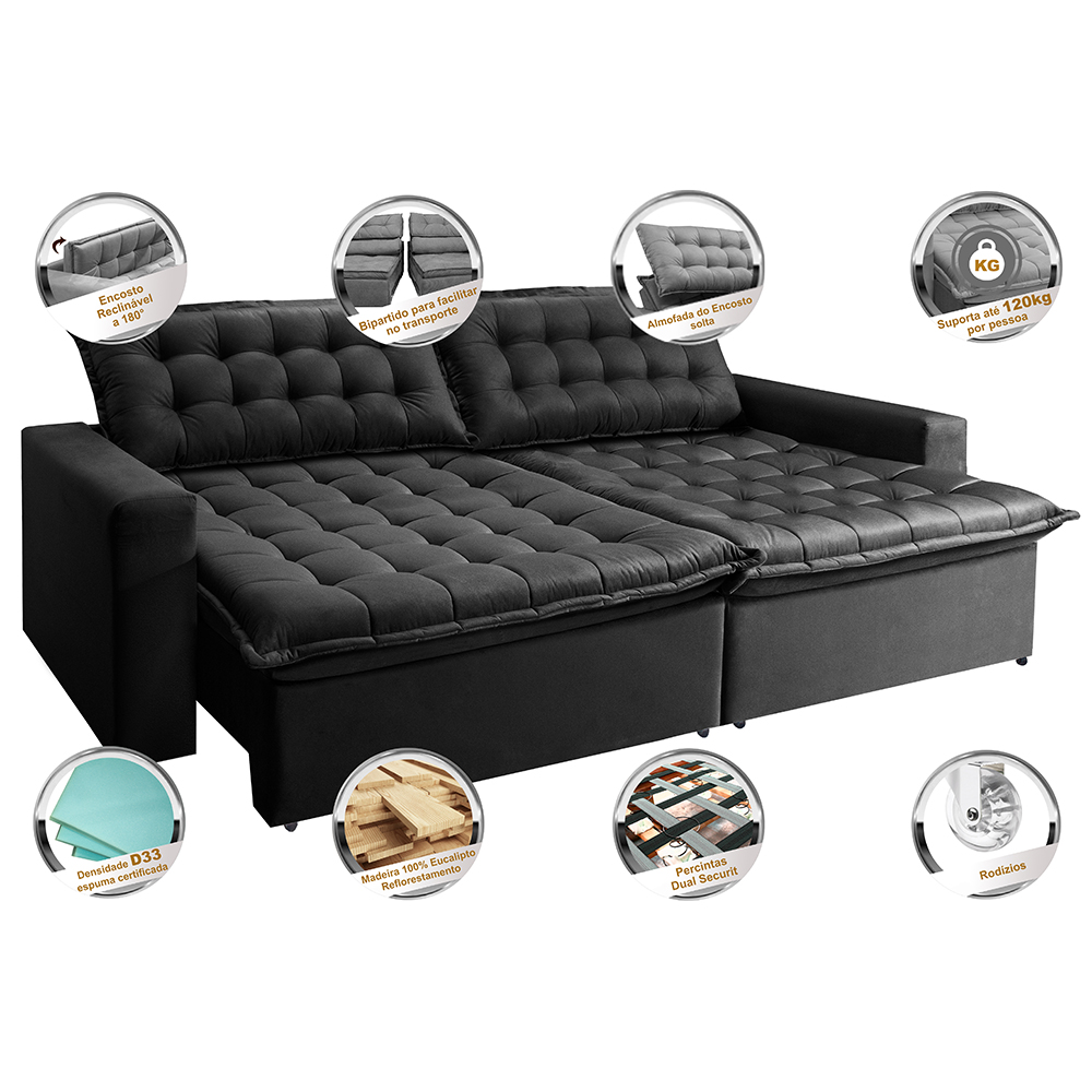 Sofá Retrátil Reclinável e Cama 2,15m Cama inBox Flex Suede Velusoft Preto