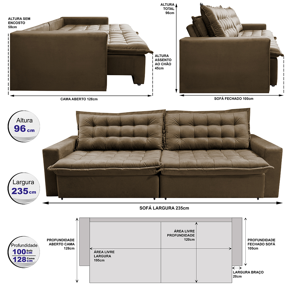 Sofá Retrátil Reclinável e Cama 2,35m Cama inBox Flex Suede Velusoft Castor