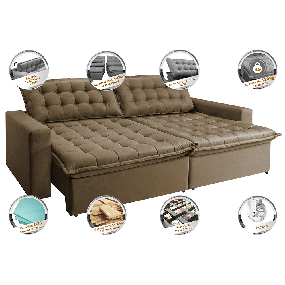 Sofá Retrátil Reclinável e Cama 2,35m Cama inBox Flex Suede Velusoft Castor