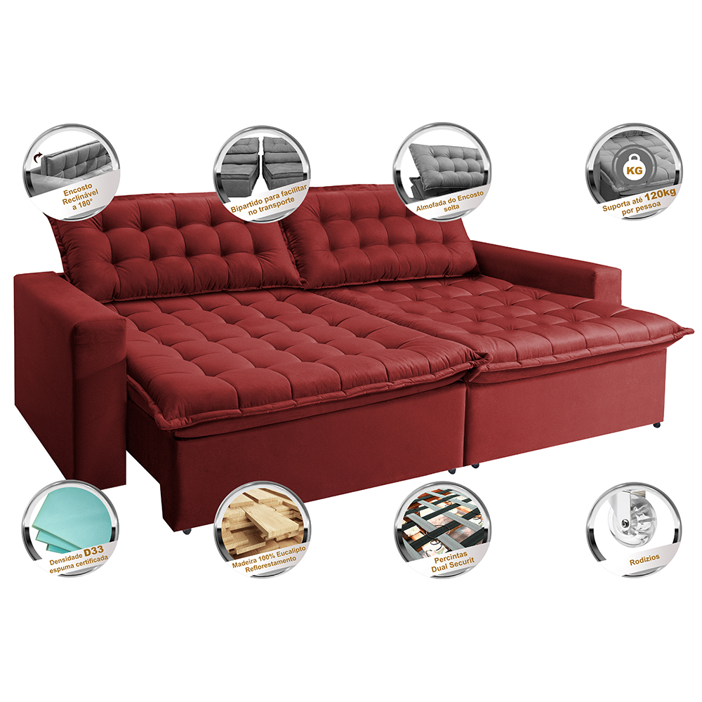Sofá Retrátil Reclinável e Cama 2,35m Cama inBox Flex Suede Velusoft Vermelho