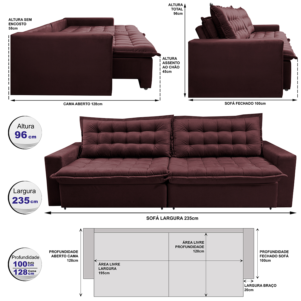Sofá Retrátil Reclinável e Cama 2,35m Cama inBox Flex Suede Velusoft Vinho