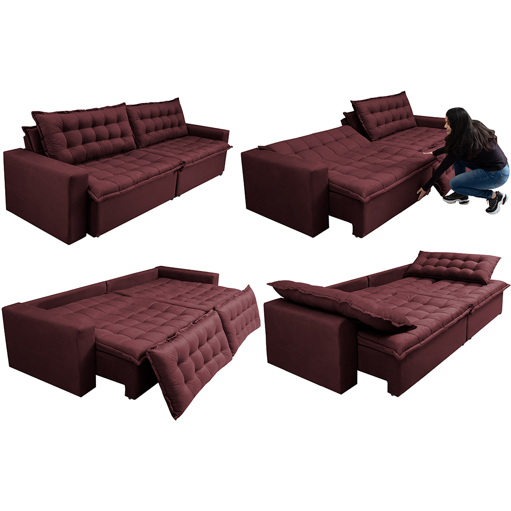 Sofá Retrátil Reclinável e Cama 2,35m Cama inBox Flex Suede Velusoft Vinho