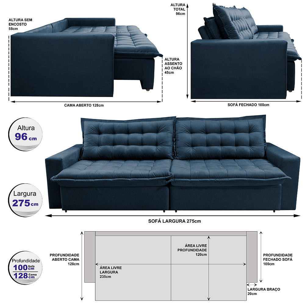 Sofá Retrátil Reclinável e Cama 2,75m Cama inBox Flex Suede Velusoft Azul