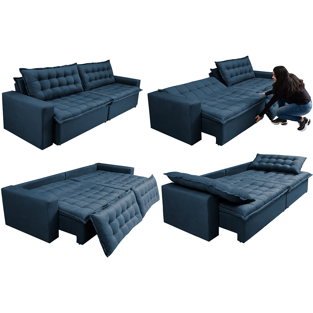 Sofá Retrátil Reclinável e Cama 2,75m Cama inBox Flex Suede Velusoft Azul
