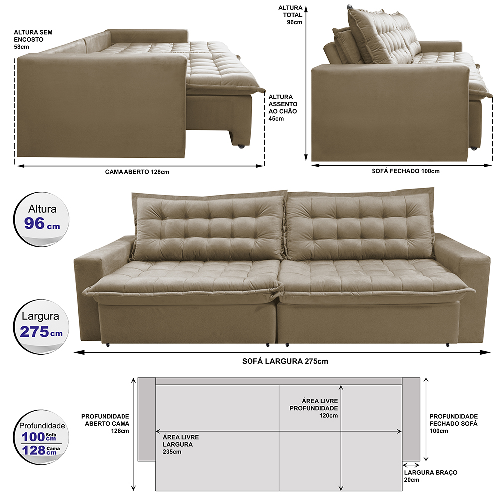 Sofá Retrátil Reclinável e Cama 2,75m Cama inBox Flex Suede Velusoft Bege