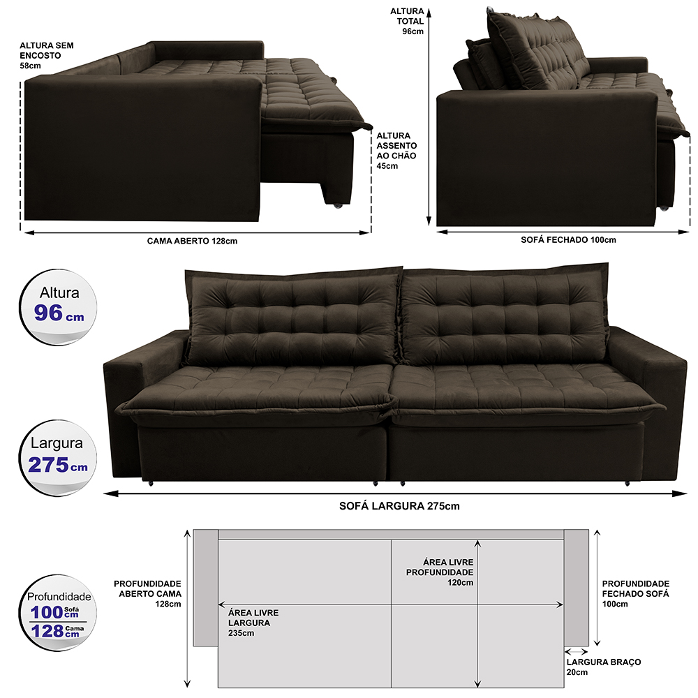 Sofá Retrátil Reclinável e Cama 2,75m Cama inBox Flex Suede Velusoft Café
