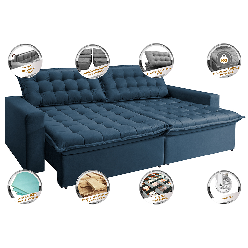 Sofá Retrátil Reclinável e Cama 2,95m Cama inBox Flex Suede Velusoft Azul