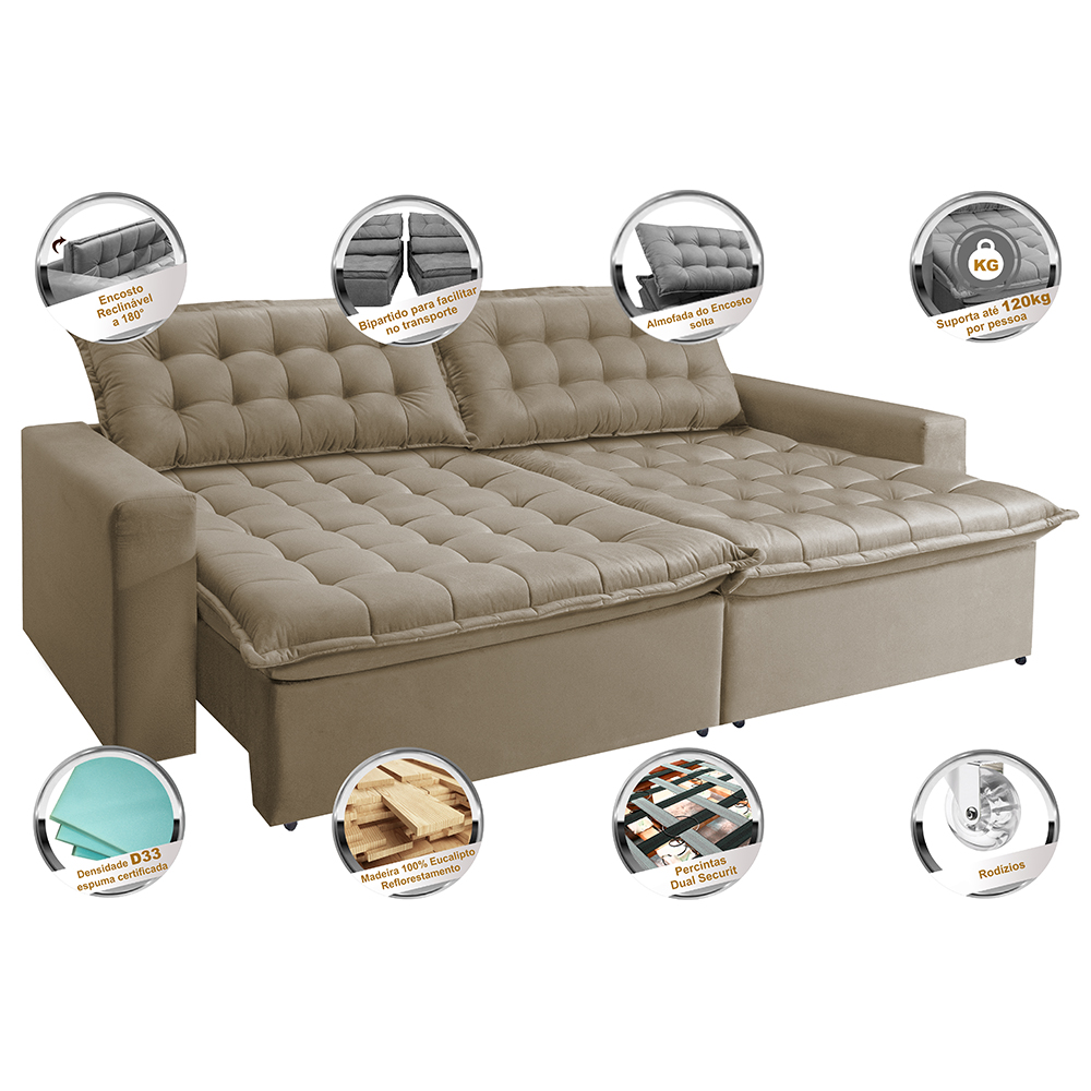 Sofá Retrátil Reclinável e Cama 2,95m Cama inBox Flex Suede Velusoft Bege
