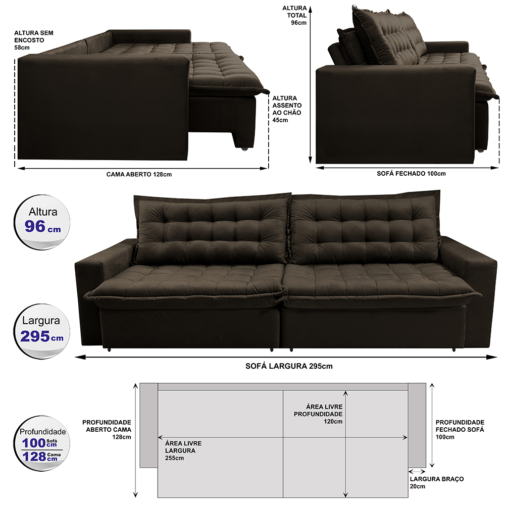 Sofá Retrátil Reclinável e Cama 2,95m Cama inBox Flex Suede Velusoft Café