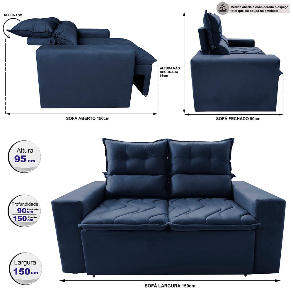 Sofá Retrátil e Reclinável 1,50m Cama inBox Smal com bordado pantográfico Suede Azul
