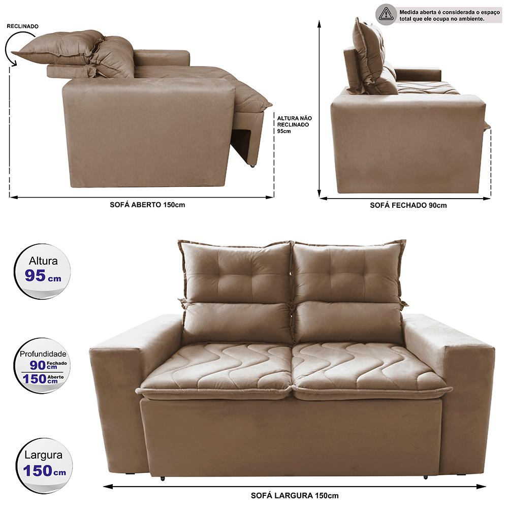 Sofá Retrátil e Reclinável 1,50m Cama inBox Smal com bordado pantográfico Suede Bege
