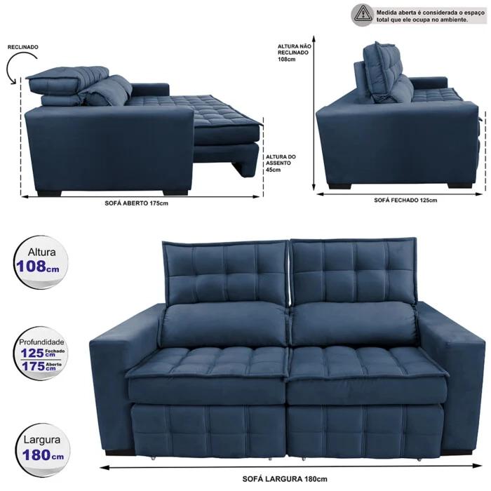 Sofá Retrátil e Reclinável 1,80m Molas Ensacadas e Costura Tripla Cama inBox Japão Velusoft Azul