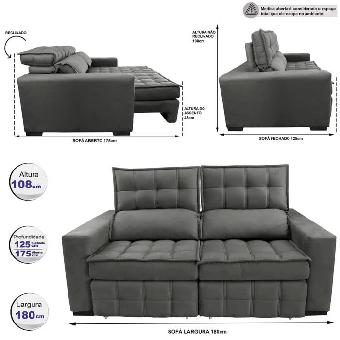 Sofá Retrátil e Reclinável 1,80m Molas Ensacadas e Costura Tripla Cama inBox Japão Velusoft Cinza