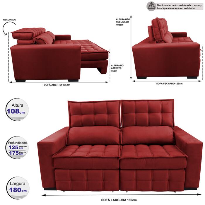 Sofá Retrátil e Reclinável 1,80m Molas Ensacadas e Costura Tripla Cama inBox Japão Velusoft Vermelho