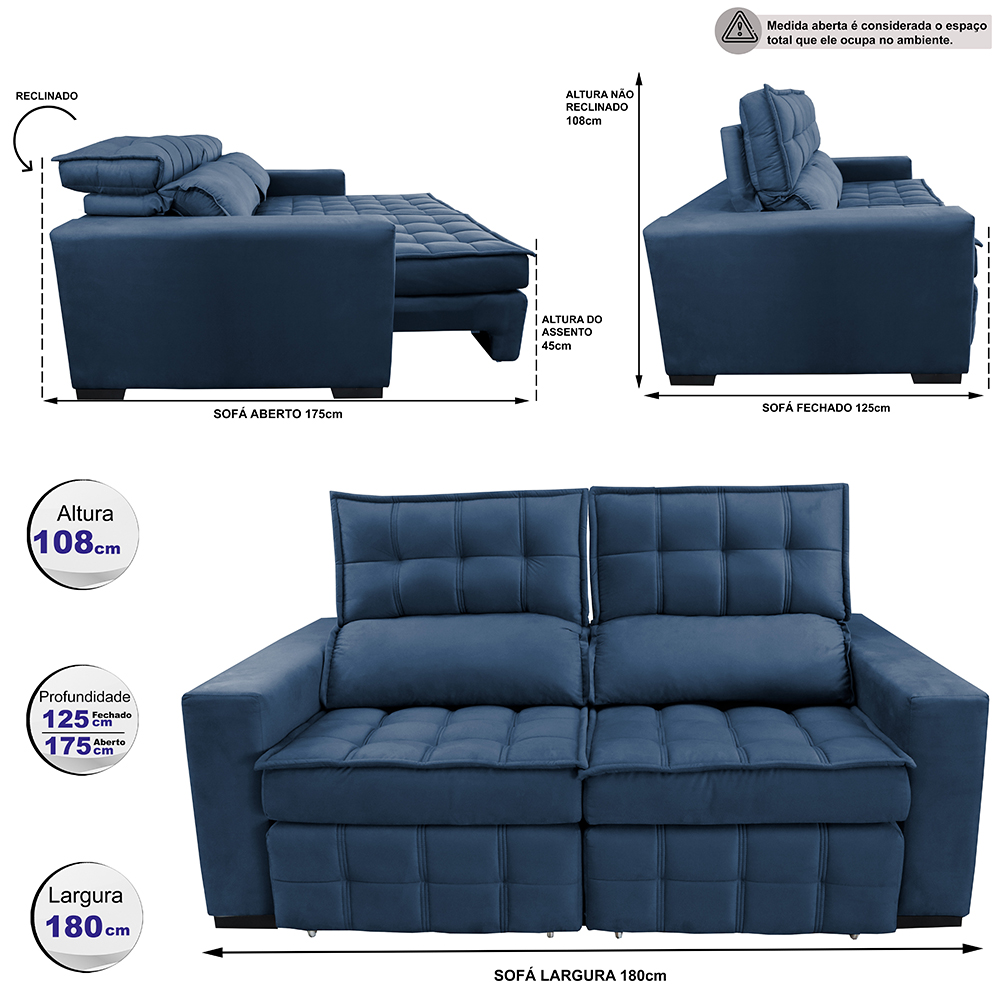 Sofá Retrátil e Reclinável 1,80m Molas Ensacadas e Costura Tripla Cama inBox Nobre Suede Azul