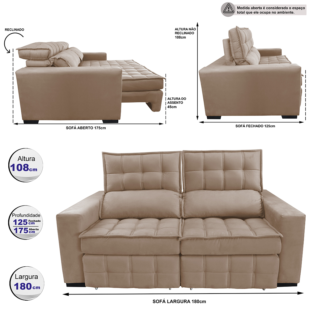 Sofá Retrátil e Reclinável 1,80m Molas Ensacadas e Costura Tripla Cama inBox Nobre Suede Bege