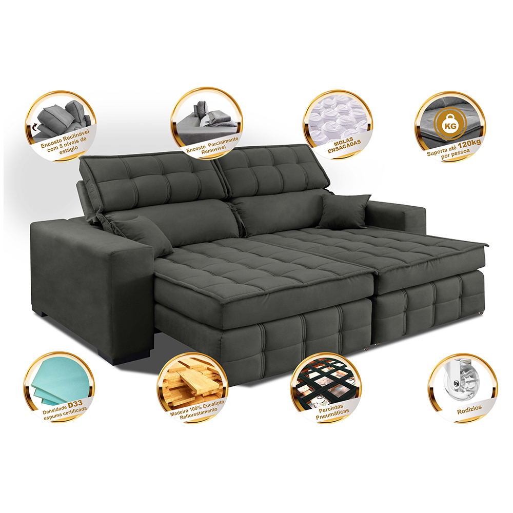 Sofá Retrátil e Reclinável 1,80m Molas Ensacadas e Costura Tripla Cama inBox Nobre Suede Cinza