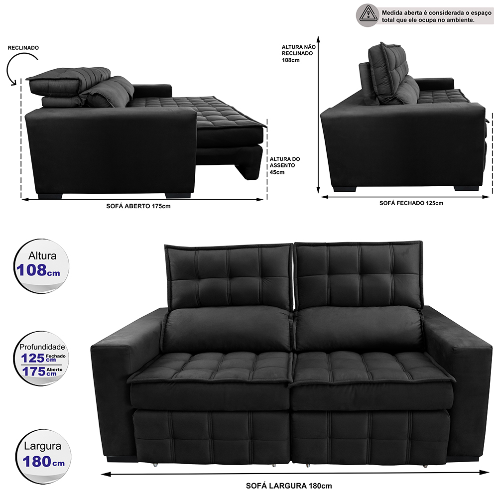 Sofá Retrátil e Reclinável 1,80m Molas Ensacadas e Costura Tripla Cama inBox Nobre Suede Preto