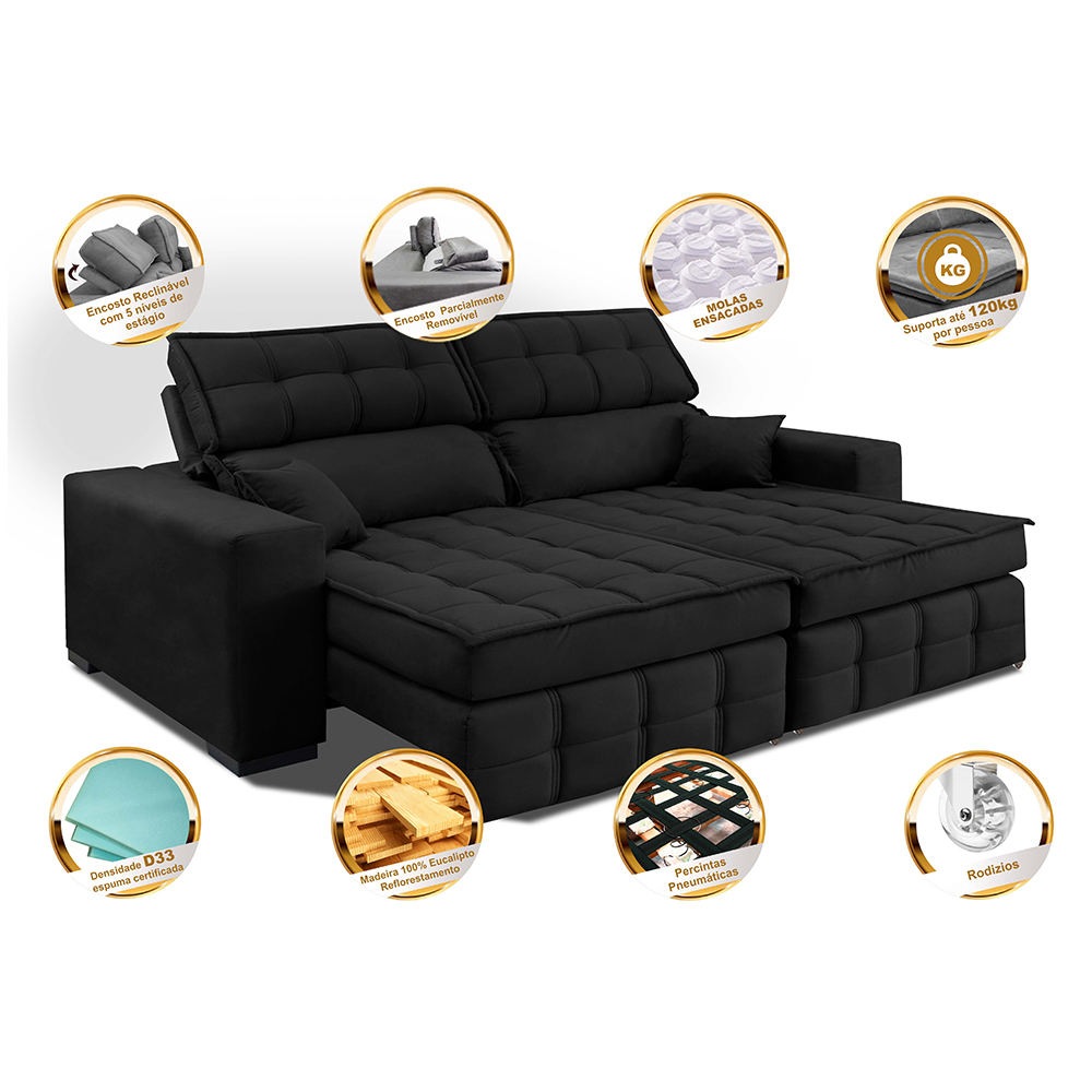 Sofá Retrátil e Reclinável 1,80m Molas Ensacadas e Costura Tripla Cama inBox Nobre Suede Preto