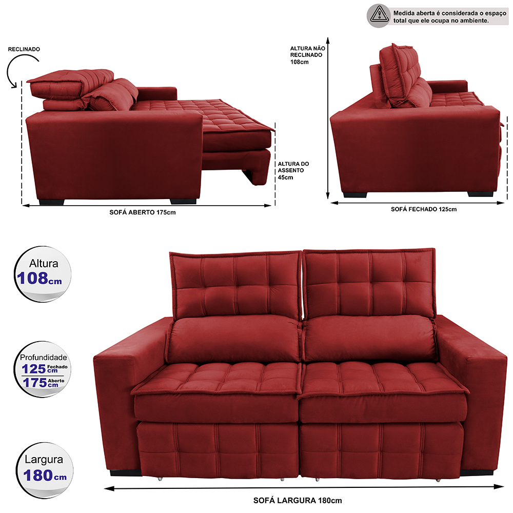 Sofá Retrátil e Reclinável 1,80m Molas Ensacadas e Costura Tripla Cama inBox Nobre Suede Vermelho