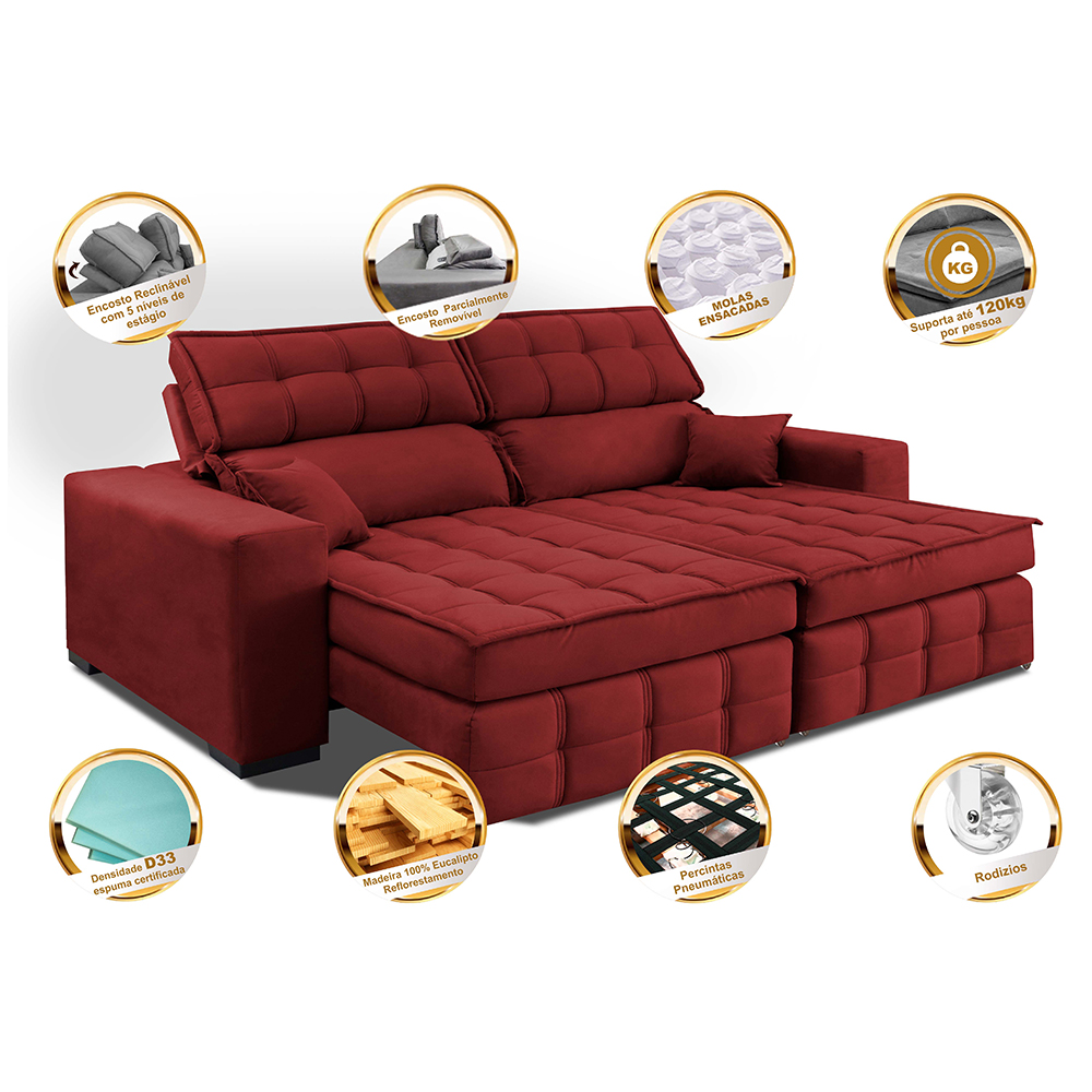 Sofá Retrátil e Reclinável 1,80m Molas Ensacadas e Costura Tripla Cama inBox Nobre Suede Vermelho