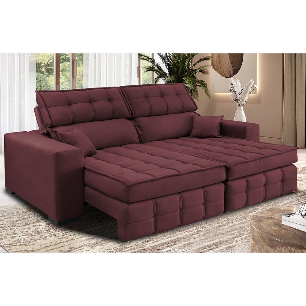 Sofá Retrátil e Reclinável 1,80m Molas Ensacadas e Costura Tripla Cama inBox Nobre Suede Vinho