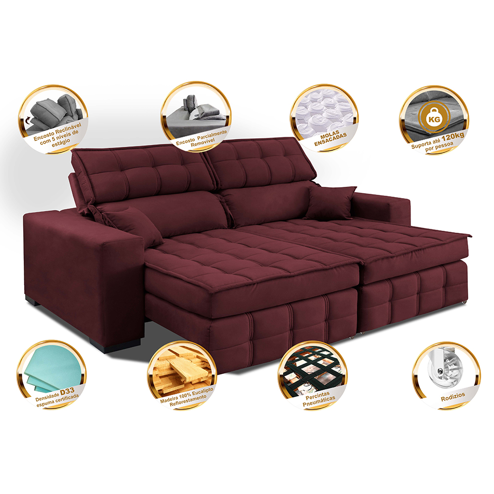 Sofá Retrátil e Reclinável 1,80m Molas Ensacadas e Costura Tripla Cama inBox Nobre Suede Vinho
