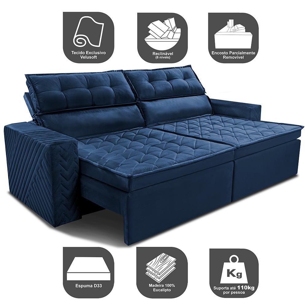 Sofá Retrátil e Reclinável 2,00m Cama inBox Charm Velusoft Azul