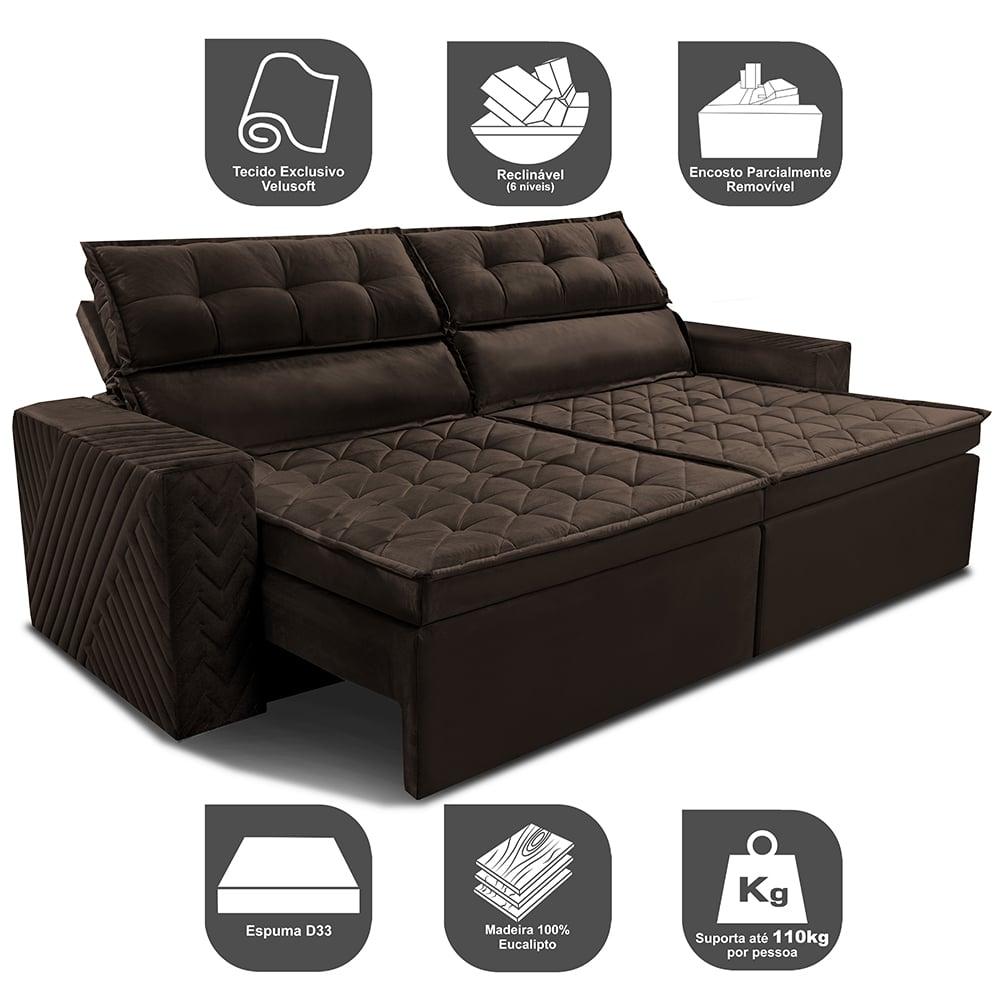 Sofá Retrátil e Reclinável 2,00m Cama inBox Charm Velusoft Café