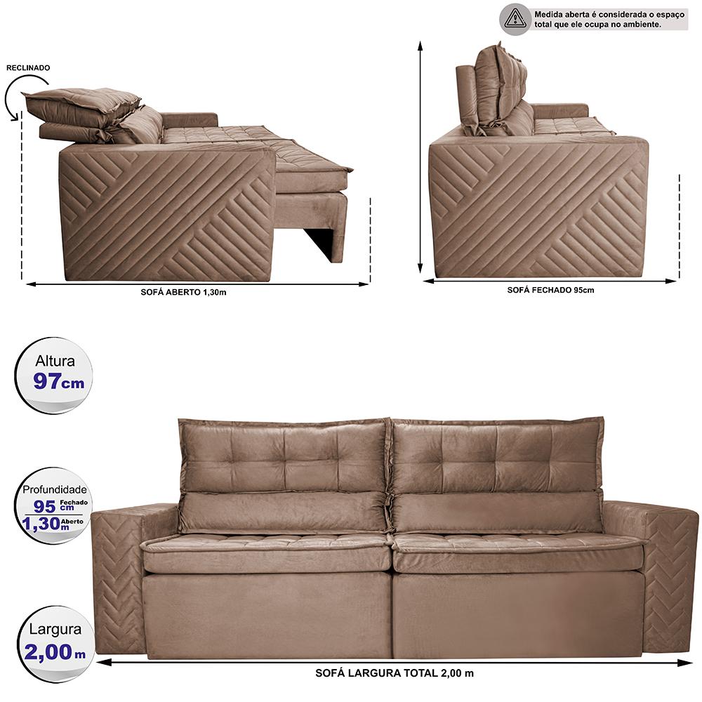 Sofá Retrátil e Reclinável 2,00m Cama inBox Charm Velusoft Castor