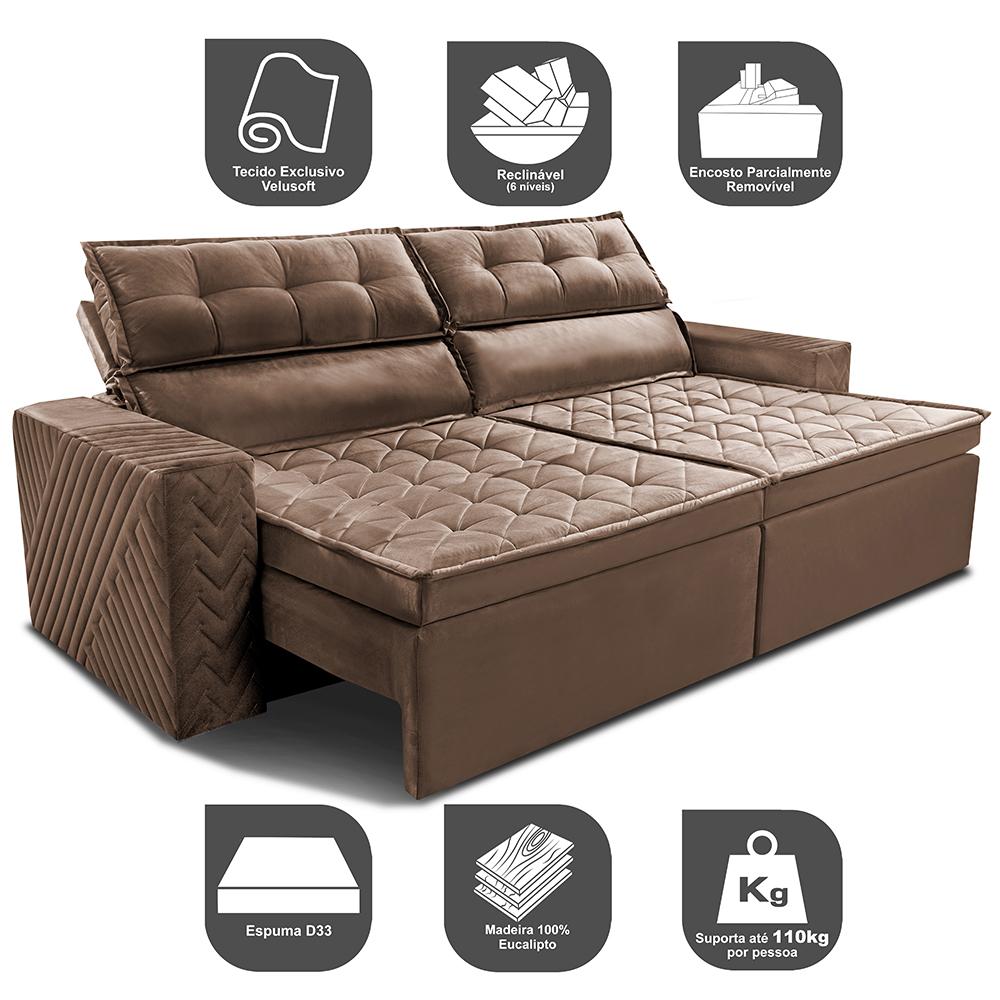 Sofá Retrátil e Reclinável 2,00m Cama inBox Charm Velusoft Castor