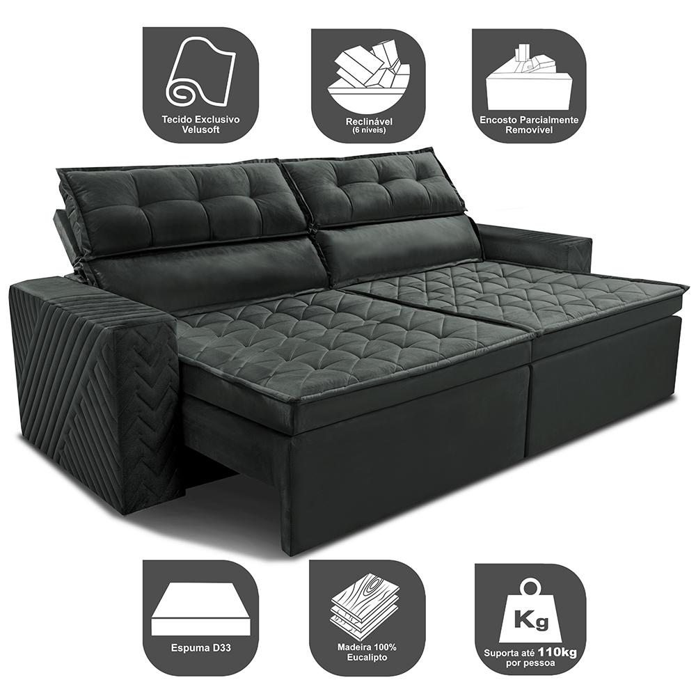 Sofá Retrátil e Reclinável 2,00m Cama inBox Charm Velusoft Cinza