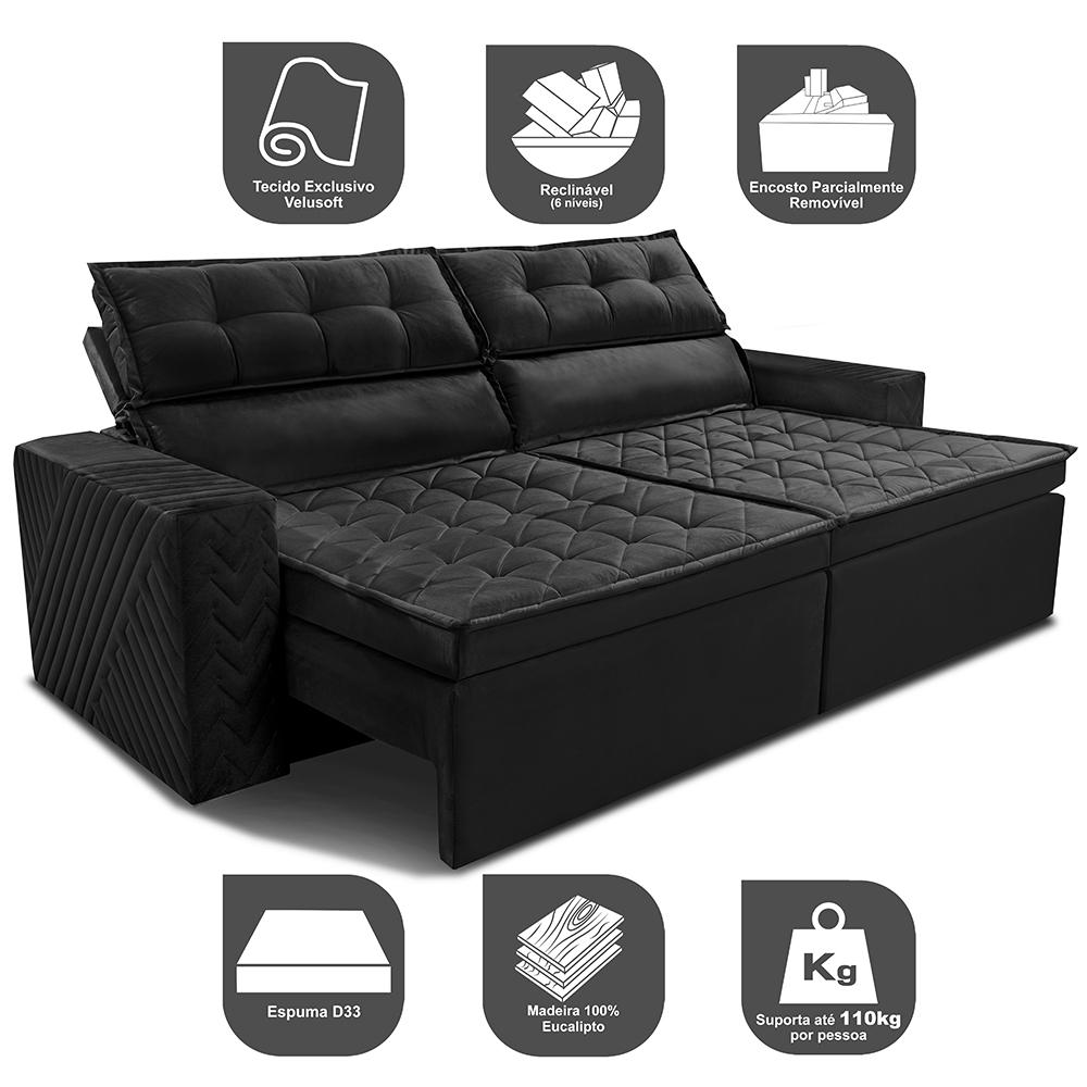 Sofá Retrátil e Reclinável 2,00m Cama inBox Charm Velusoft Preto