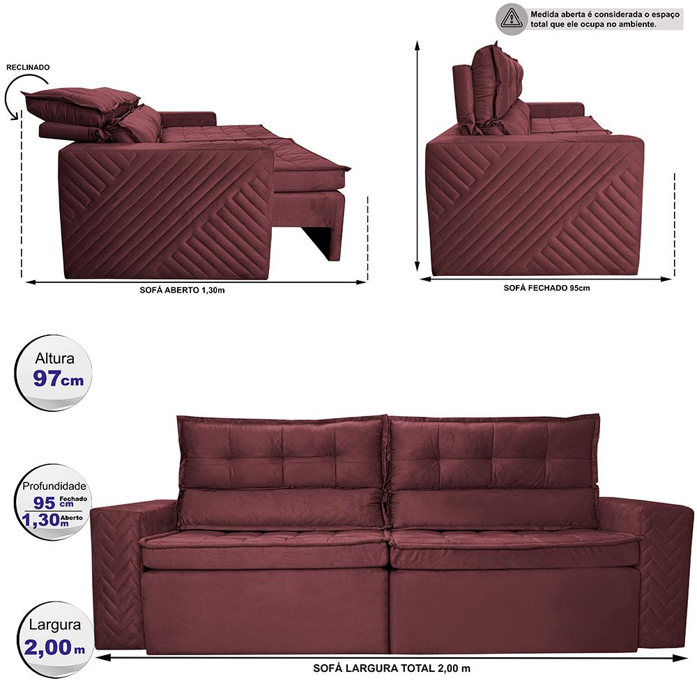 Sofá Retrátil e Reclinável 2,00m Cama inBox Charm Velusoft Vinho