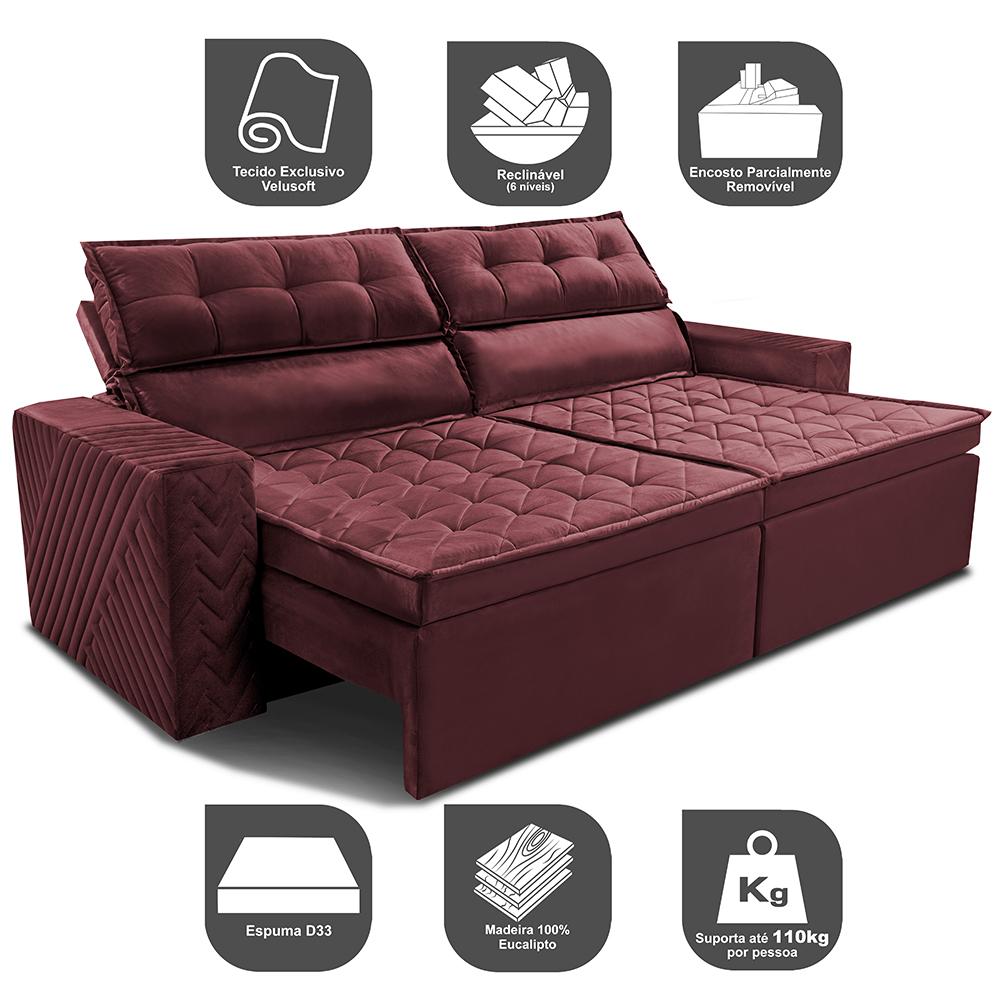 Sofá Retrátil e Reclinável 2,00m Cama inBox Charm Velusoft Vinho