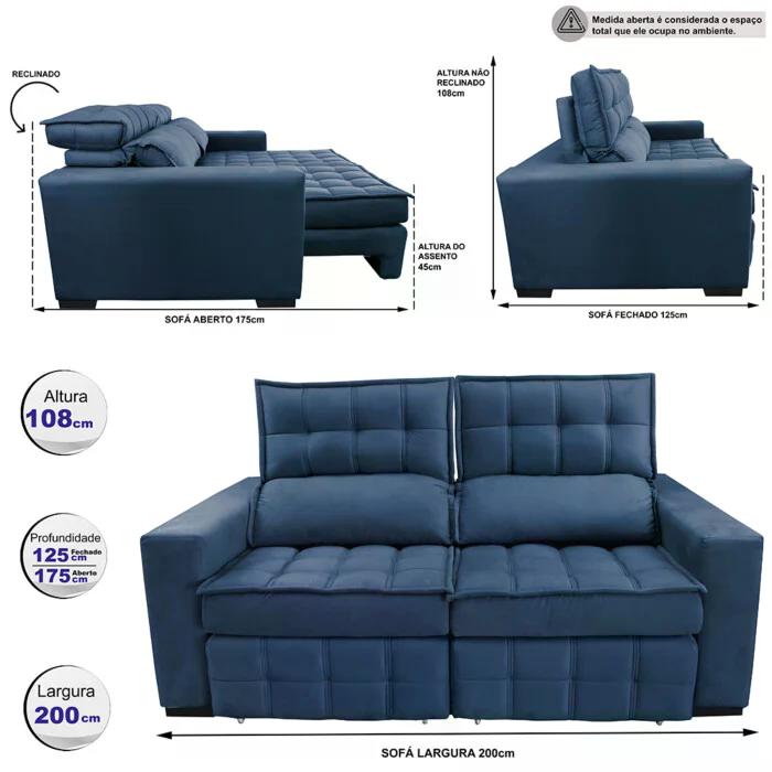 Sofá Retrátil e Reclinável 2,00m Molas Ensacadas e Costura Tripla Cama inBox Japão Velusoft Azul