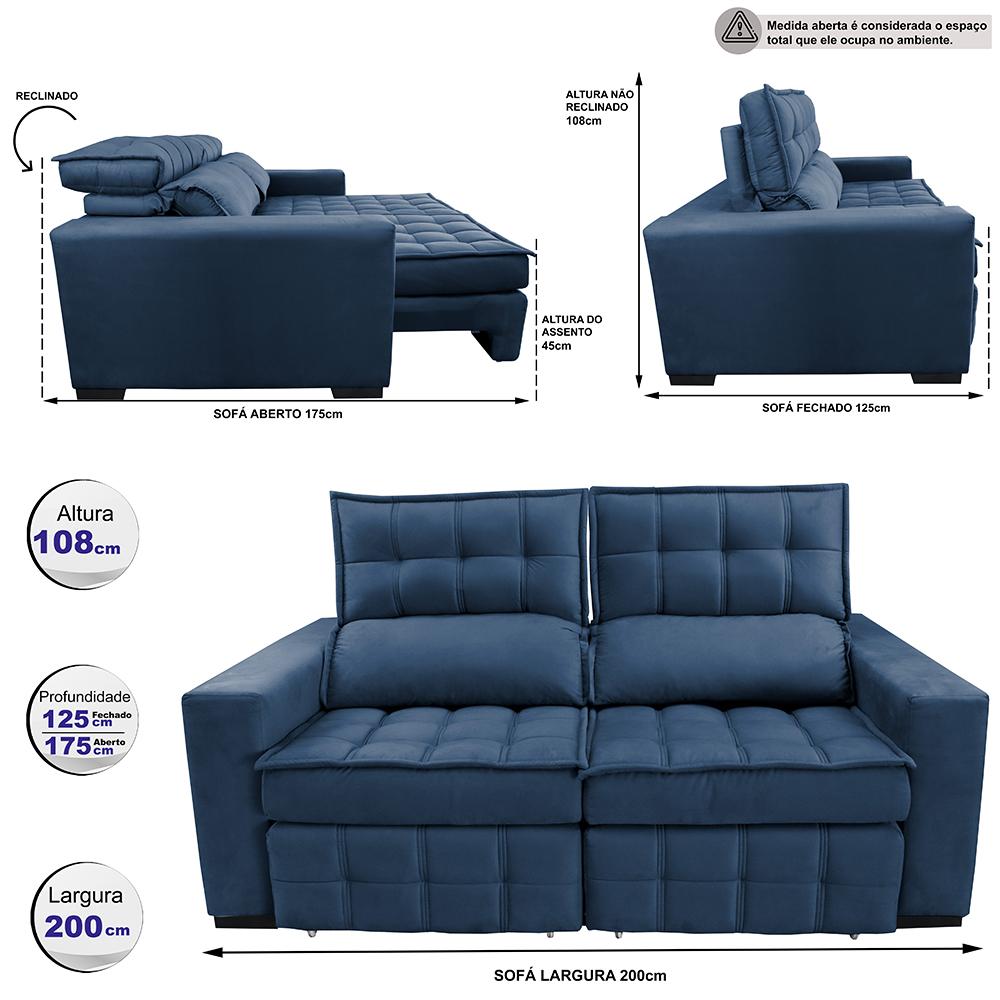 Sofá Retrátil e Reclinável 2,00m Molas Ensacadas e Costura Tripla Cama inBox Nobre Suede Azul