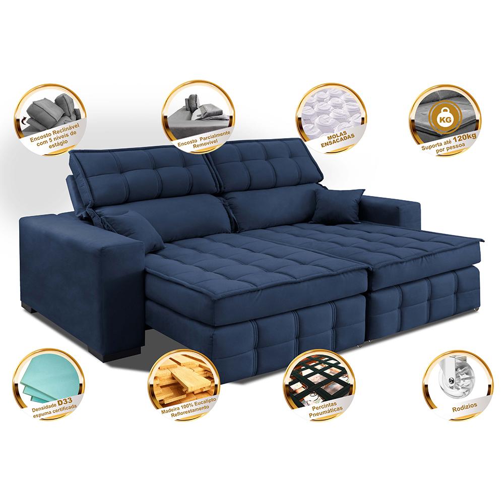 Sofá Retrátil e Reclinável 2,00m Molas Ensacadas e Costura Tripla Cama inBox Nobre Suede Azul