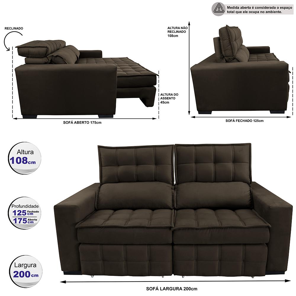 Sofá Retrátil e Reclinável 2,00m Molas Ensacadas e Costura Tripla Cama inBox Nobre Suede Café