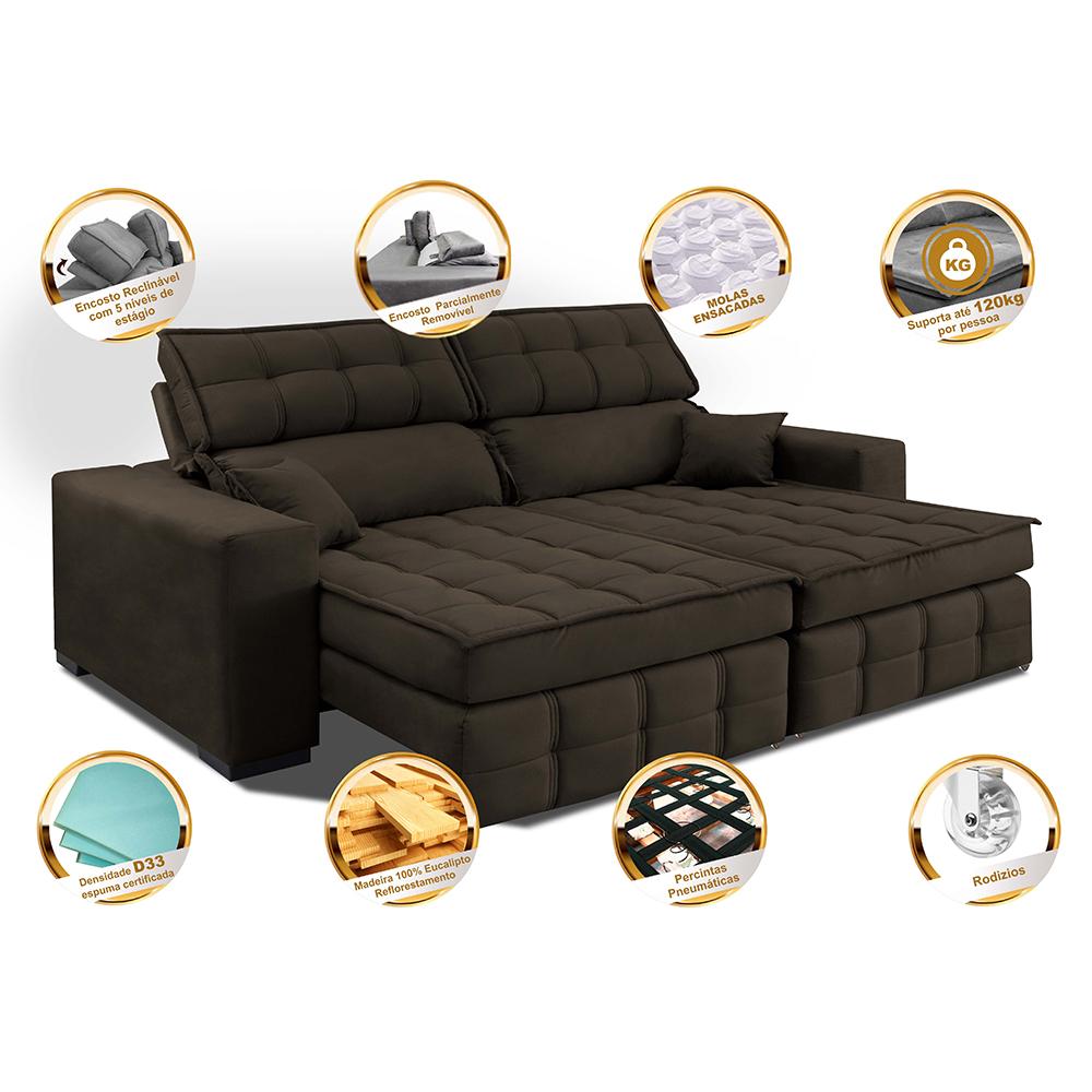 Sofá Retrátil e Reclinável 2,00m Molas Ensacadas e Costura Tripla Cama inBox Nobre Suede Café