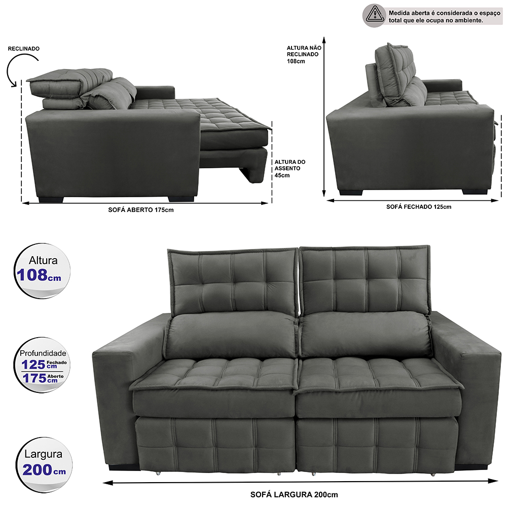 Sofá Retrátil e Reclinável 2,00m Molas Ensacadas e Costura Tripla Cama inBox Nobre Suede Cinza
