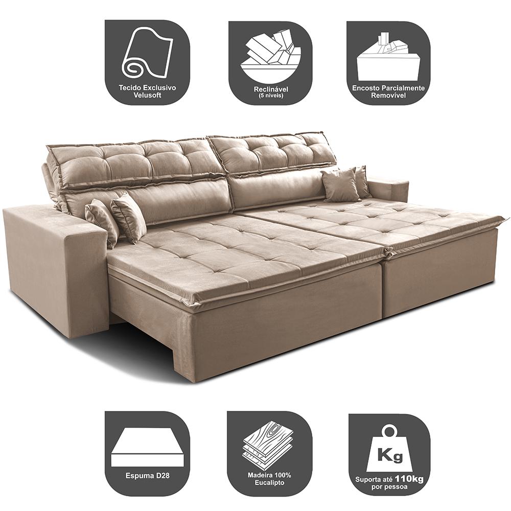 Sofá Retrátil e Reclinável 2,02m Luxos Cama inBox Velusoft Bege