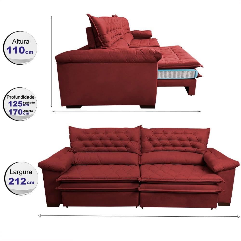 Sofá Retrátil e Reclinável 2,12m Molas Ensacadas Cama inBox Alemanha Viscoelástico Velusoft Vermelho