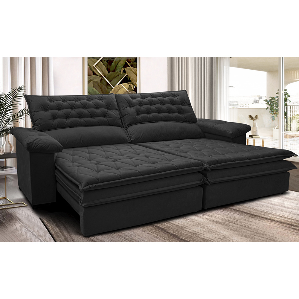 Sofá Retrátil e Reclinável 2,12m Molas Ensacadas Cama inBox Alemanha de Viscoelástico Velusoft Preto