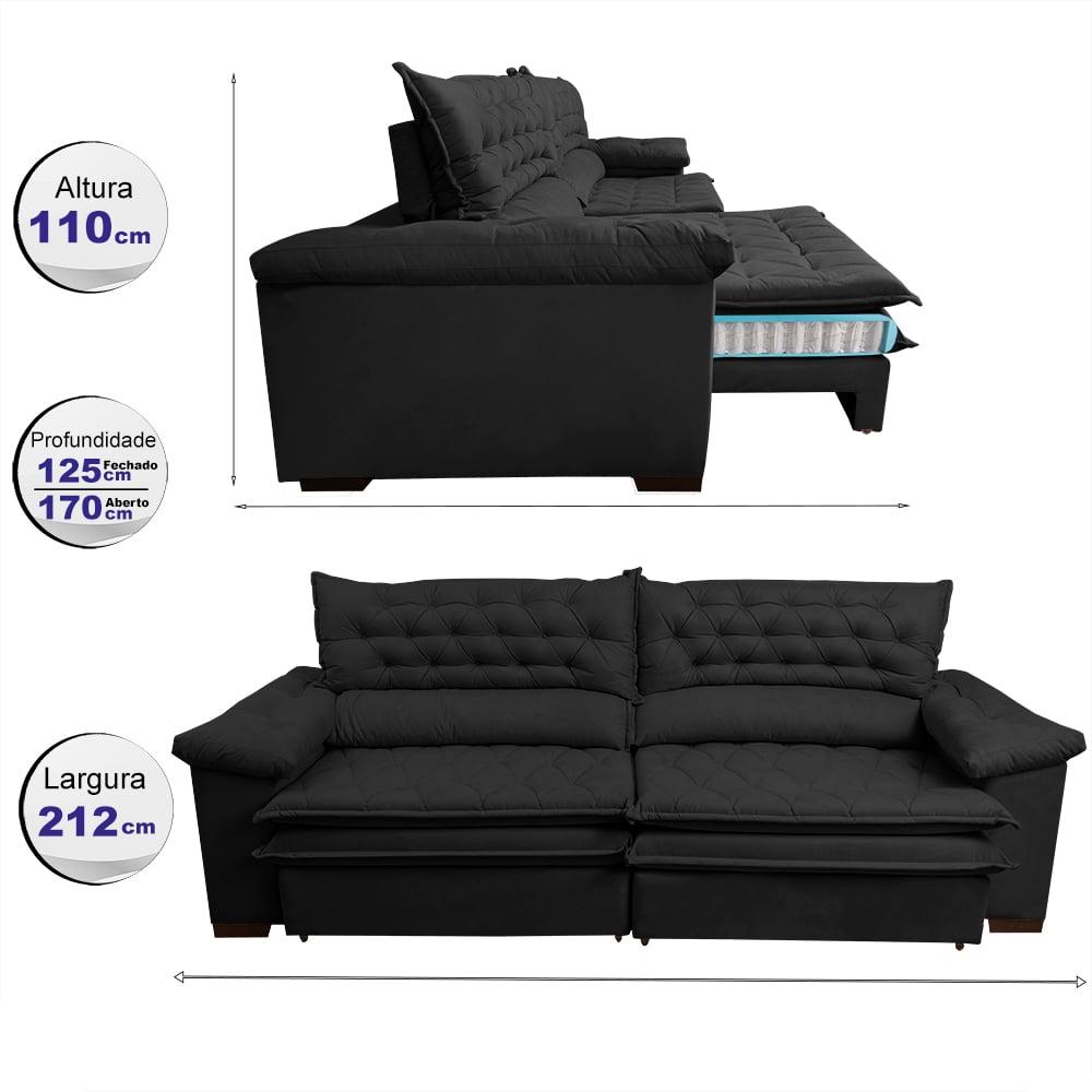 Sofá Retrátil e Reclinável 2,12m Molas Ensacadas Cama inBox Alemanha de Viscoelástico Velusoft Preto