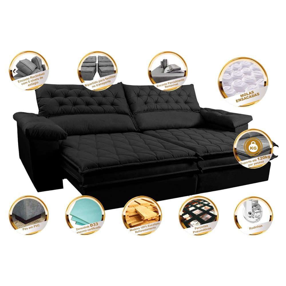 Sofá Retrátil e Reclinável 2,12m Molas Ensacadas Cama inBox Alemanha de Viscoelástico Velusoft Preto