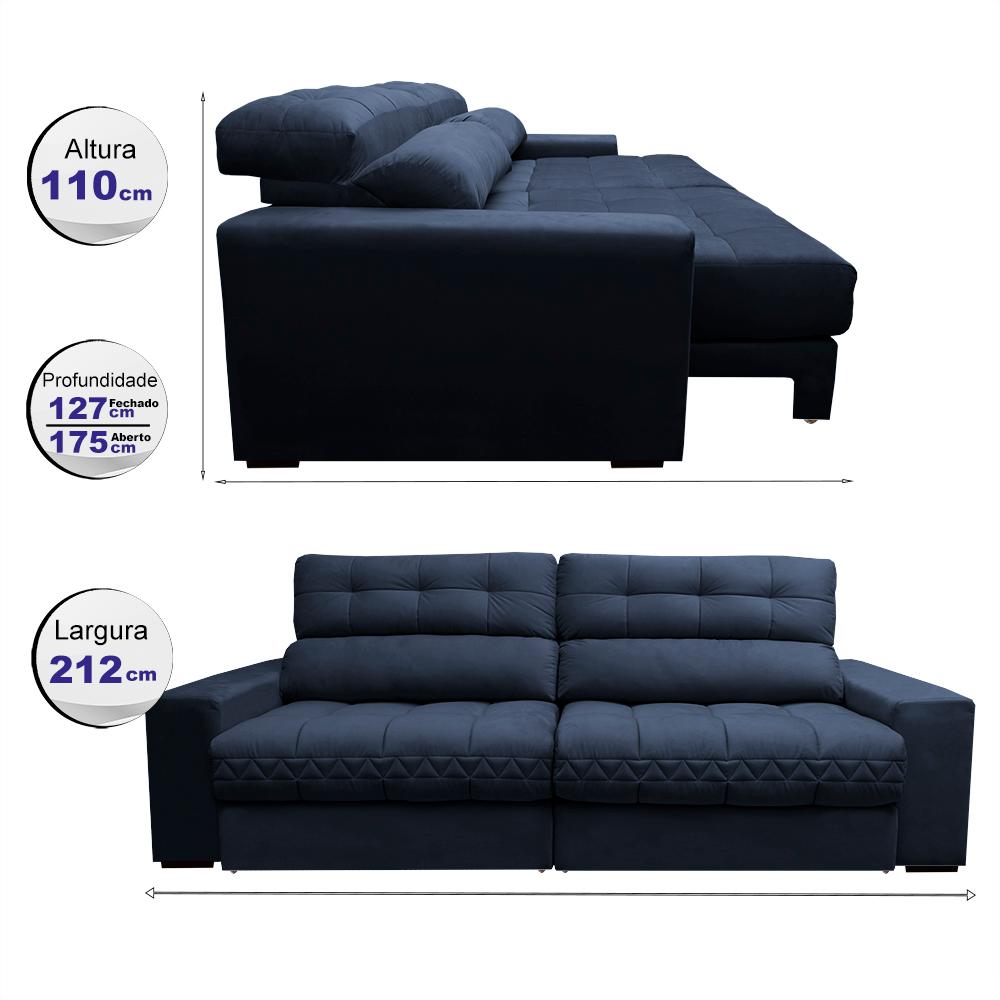 Sofá Retrátil e Reclinável 2,12m Molas Ensacadas Cama inBox Brasil Velusoft Azul